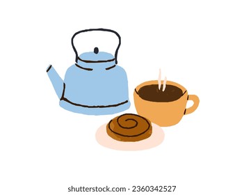 Tea cup, teakettle and sweet bun, morning food and hot drink. Fresh brewed black americano coffee, kettle, bakery, roll for breakfast, dessert. Flat vector illustration isolated on white background