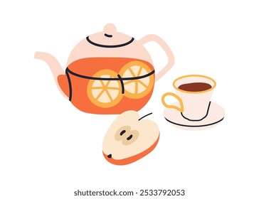 Tea cup, teapot and apple fruit. Hot drink with lemon and orange slices, fruity flavor. Hot warming seasonal beverage with natural flavour. Flat vector illustration isolated on white background