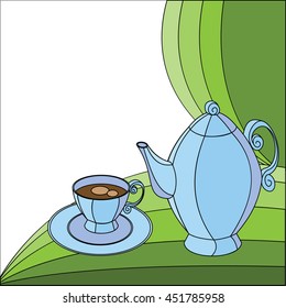 tea Cup , teapot blue on abstract background of green leaves.Vector illustration.