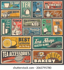 Tea cup, teapot and leaf retro banners with vector black, green, herbal and flower hot beverages. Cups, mugs, tea bags and pyramids, teapots, kettles and infusers, lemon, sugar and croissant, tea shop