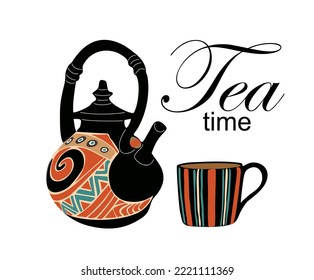 Tea cup and teapot vector illustration. Porcelain crockery with tea time phrase isolated on white background. Decorative dishware with cozy hot drink. Traditional English breakfast beverage.