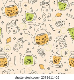 Tea in a cup, teapots, sweets, dessert. Pattern hot healthy tea drinks. Options Mug and teapot. Drawings, doodles. Vector illustration, icon set.