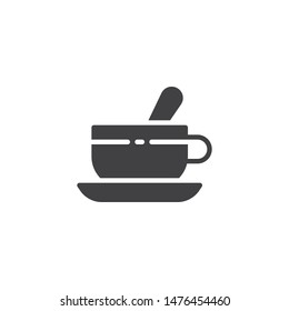 Tea cup with teaspoon and saucer vector icon. filled flat sign for mobile concept and web design. Cup of coffee glyph icon. Symbol, logo illustration. Vector graphics