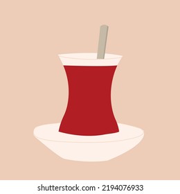 Té cup en una ilustración plana de estilo turco. Té negro caliente en vidrio para imprimir.