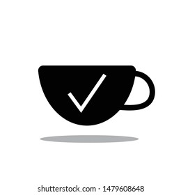 Tea cup vector icon on white background. Approval element. Done tick. Mark symbol. Coffee break sign. Completed symbol. Aroma beverage. Approved choice. Flat simple line design illustration.