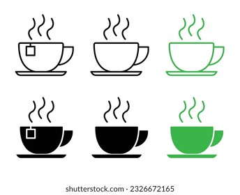 Tea cup vector icon set. Hot herbal green tea symbol in black and green color. Coffee cup line sign. 