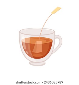 Tea cup vector illustration. Teabag is brewed in cup. Cartoon hot drink in teacup. Cafe or restaurant icon. Breakfast time. English traditional drink.