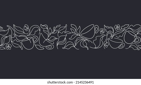 Tea and cup. Vector seamless border. Linear abstract band, graphic print on black background. Natural herbal drink