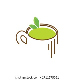 Tea cup vector symbols on the white background. Symbol green tea cup with wreath leaves. Vector illustration EPS.8 EPS.10