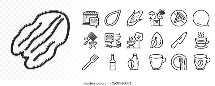 Tea cup, Water drop and Alcohol addiction line icons for web app. Glare of light effect. Message icon. Pack of Wine, Water bottle, Pecan nut pictogram icons. Food delivery, Knife, Dish signs. Vector
