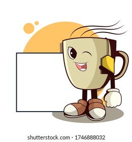 taza de té con ilustración de mascota vectorial de placa blanca