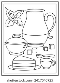 Tea with cupcakes, colouring page of tea snacks