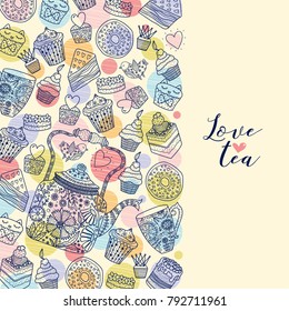 Tea and cupcakes. Cute postcard.