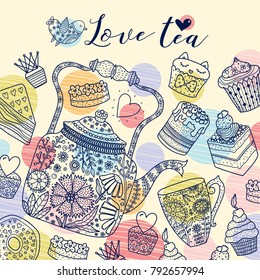 Tea and cupcakes. Line cute postcard.