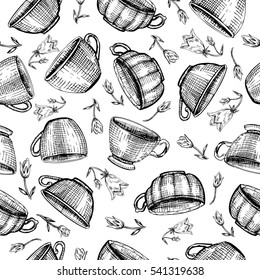 Tea cups bell flower vector sketch hand drawn isolated on white, Seamless vector pattern for card, package cosmetic, tea, coffee, magazines, web sites, restaurant menu, page, wallpaper, textiles