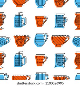 Tea cups with blue and orange spots, made in vector. Seamless pattern. Graphic texture for design, wallpaper.