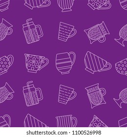 Tea cups with blue and orange spots, made in vector. Seamless pattern. Graphic texture for design, wallpaper.