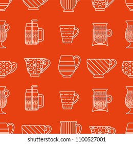 Tea cups with blue and orange spots, made in vector. Seamless pattern. Graphic texture for design, wallpaper.
