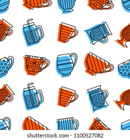 Tea cups with blue and orange spots, made in vector. Seamless pattern. Graphic texture for design, wallpaper.