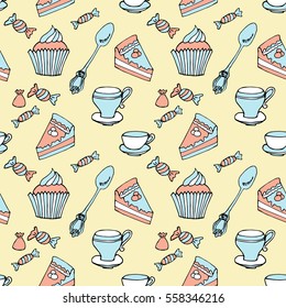 Tea cups and cakes seamless pattern