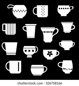 Tea cups and coffee mugs collection. Crockery set silhouettes vector illustration. Ceramic tableware.