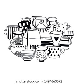 Tea cups, coffee mugs, teapot and milk. Black and white illustration for coloring book or page.