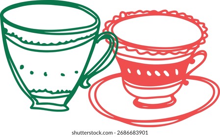 Tazas de té Línea de Colección Dibujo Bosquejo	