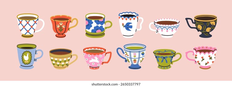 Tea cups collection in vintage style. Retro mugs painted in decorative patterns. Ceramic teacups in traditional ornate designs. Dishware for morning drinks, coffee. Isolated flat vector illustrations