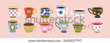 Tea cups collection in vintage style. Retro mugs painted in decorative patterns. Ceramic teacups in traditional ornate designs. Dishware for morning drinks, coffee. Isolated flat vector illustrations