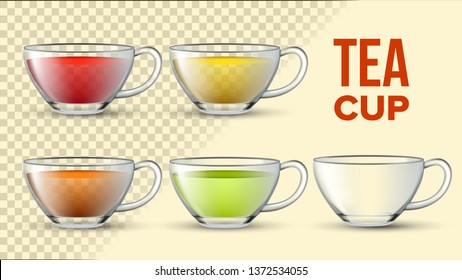 Tea Cups With Color Liquid Vector 3D Set. Black, Green, Red, Herbal Tea In Glass Cups Isolated Clipart. Kitchenware With Hot Beverage On Transparent Background. Glassware Mockup Realistic Illustration