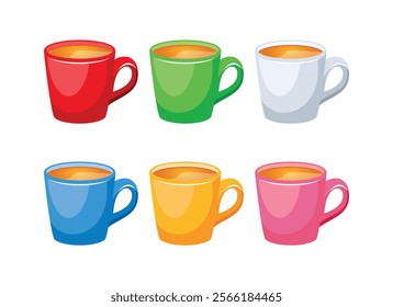 Tea cups in different colors icon set vector illustration. Colorful cups of tea collection isolated on a white background. Colorful mugs of tea icon set vector