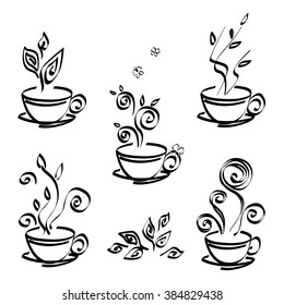 Tea cups with different kinds of tea. Hand drawn sketch of tea cups. Tea taste and smell. Waves of tea aroma.

