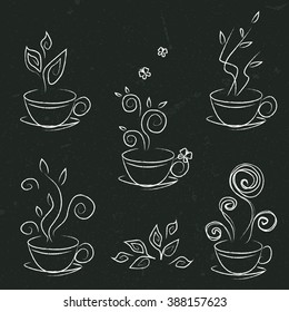 Tea cups with different kinds of tea. Hand drawn sketch of tea cups. Tea taste and smell. Waves of tea taste and aroma. Chalk hand drawing.
