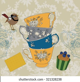 Tea cups with floral background, cupcake , biscuit and bird