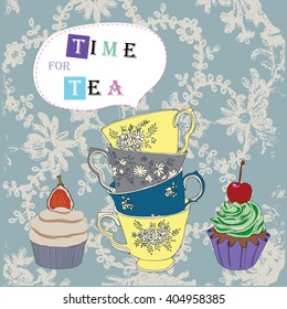 Tea cups with floral background and cupcakes - vector drawing