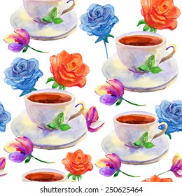 tea cups and flowers. Repeating pattern. Vector.