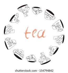 Tea cups frame funny banner hand drawn design