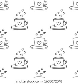 Tea cups and hearts seamless repeat pattern.Valentine's day seamless repeat pattern.