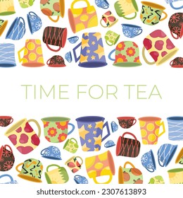 tea cups, horizontal background . vintage teacup collection, tea ceremony. mugs with fruits, flowers, lines, hand drawn patterns. vector cartoon flat illustration
