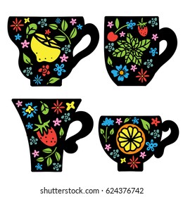 Tea cups icons. Lemon, cherry, strawberry, mint. Fruits, berries, flowers, leaves, herbs. Hand drawn isolated on white background