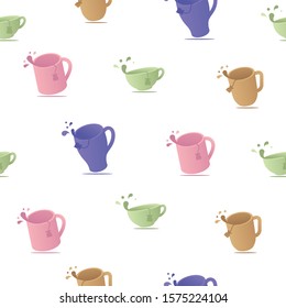 Tea cups with label and drops seamless pattern. Ceramic tea cups of different shapes and colors