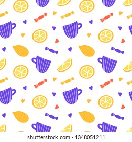 Tea cups, lemon and candy hand drawing seamless vector pattern. Print isolated on white background