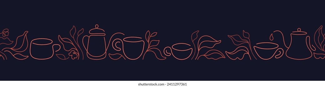 Tea cups, line leaves. Vector outline graphic pattern for cafe. Natural herbal aroma drink