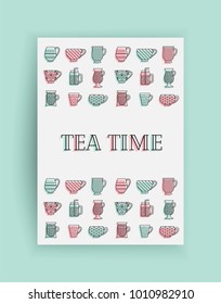 Tea cups with mint and light pink spots at brochure template made in vector