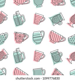 Tea cups with mint and light pink spots, made in vector. Seamless pattern. Graphic texture for design, wallpaper