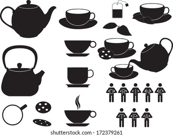 Tea cups and objects illustrated on white
