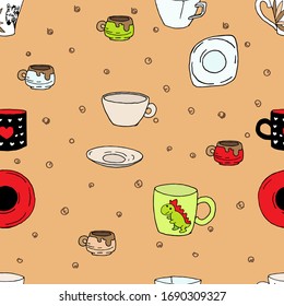 tea cups on a beige background, pattern