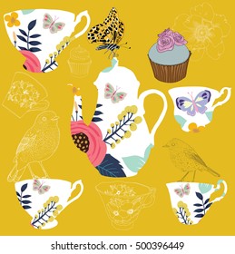 Tea cups with tea pots , floral ornaments , bird and butterfly