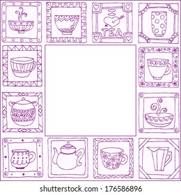 Tea cups and pots frame funny banner hand drawn design.  