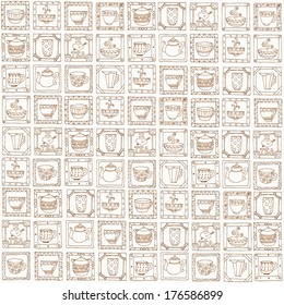 Tea cups and pots frame funny banner hand drawn design.  